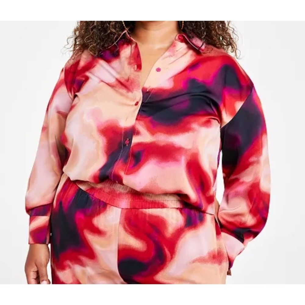 Cottagecore Poet Button-Down Top Pink Feminine Business Casual Going Out Size 1X